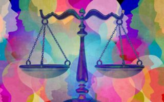 Social Justice Together image with scales and coloured background